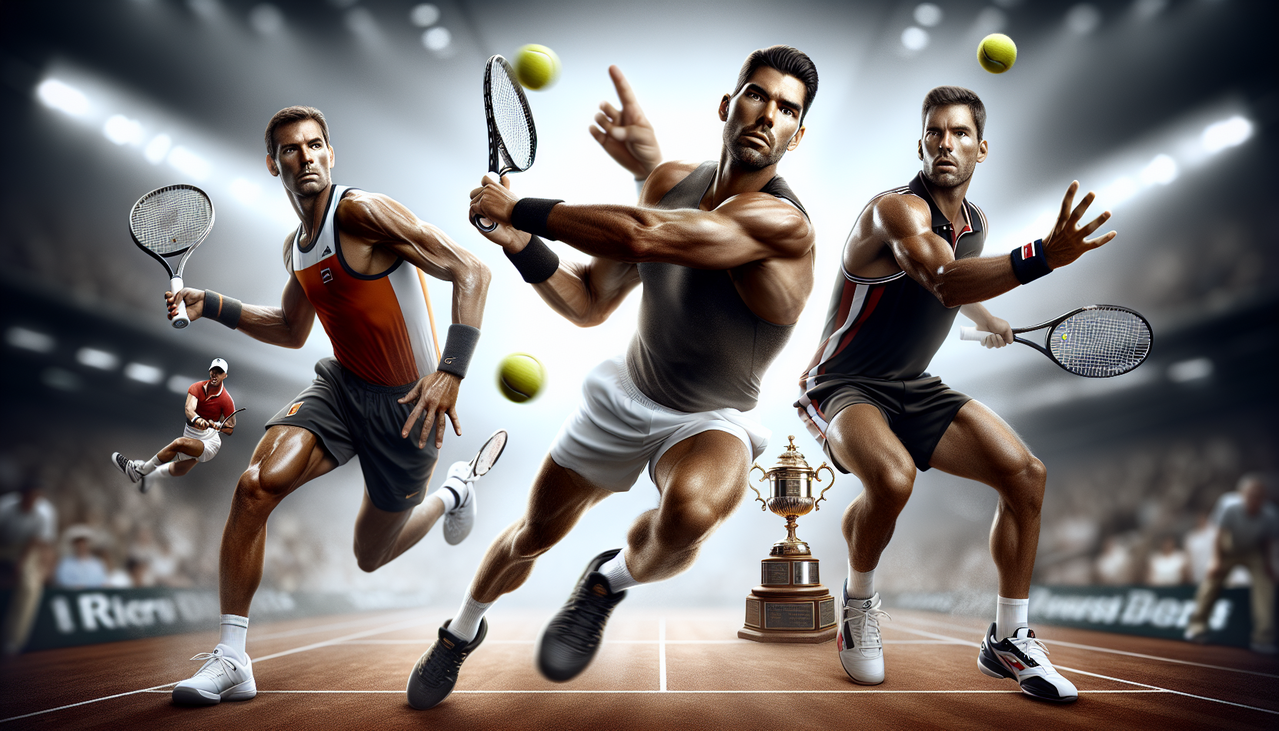 Joueur de Tennis en A, action, détermination, iconic attire, poses dynamiques, surface de tennis.