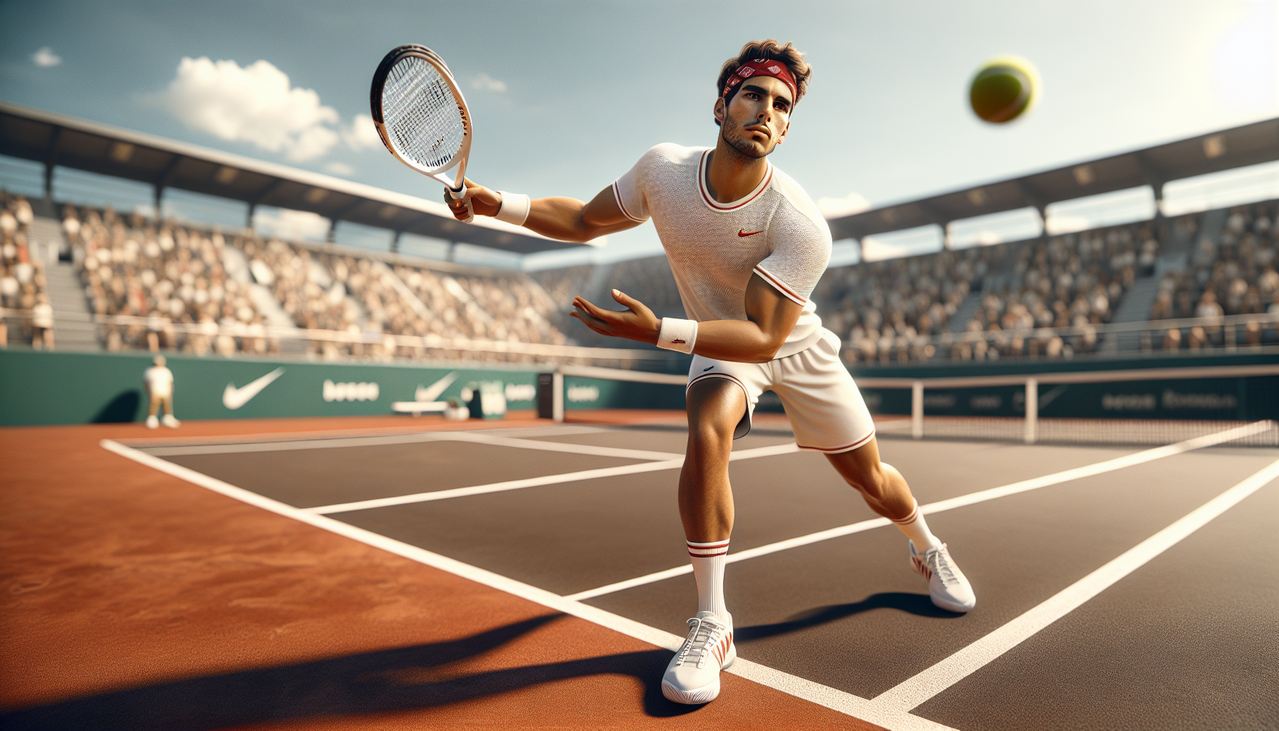 Créer un joueur de tennis masculin "M" en action sur court en terre battue, avec un équipement blanc et rouge, jouant sous le soleil.