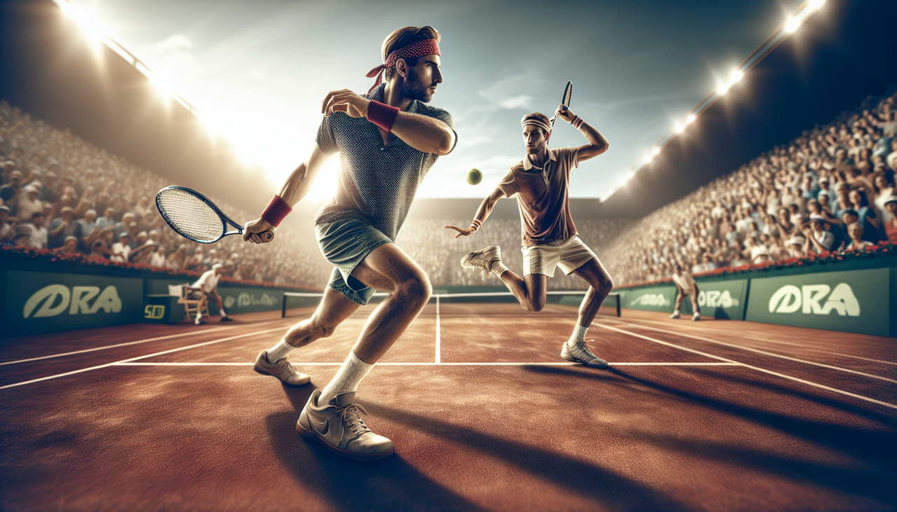 Joueur de Tennis en N : Rafael Nadal et Kei Nishikori sur terrain de tennis en terre battue.