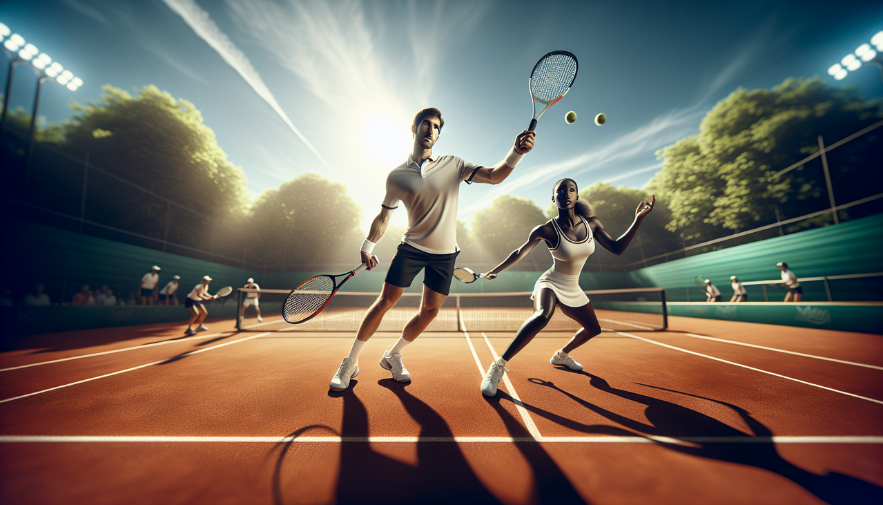 Joueur de Tennis en P sur un court de tennis en terre battue, entouré d'arbres verts, sous le soleil.