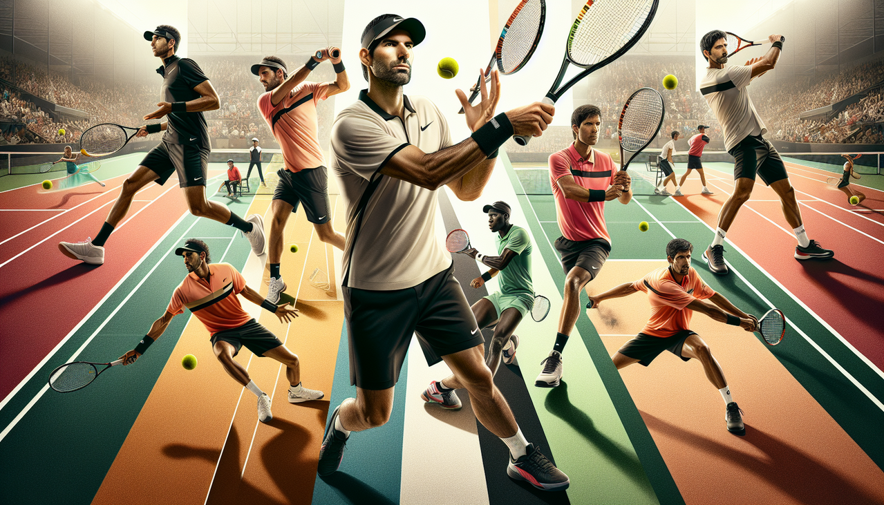 Joueur de Tennis en V - Collage de professionnels du tennis en action, divers terrains, tenues modernes.
