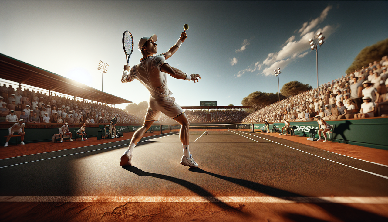 Joueur de Tennis en X, Xavier Malisse en plein service sur un court en terre battue illuminé.